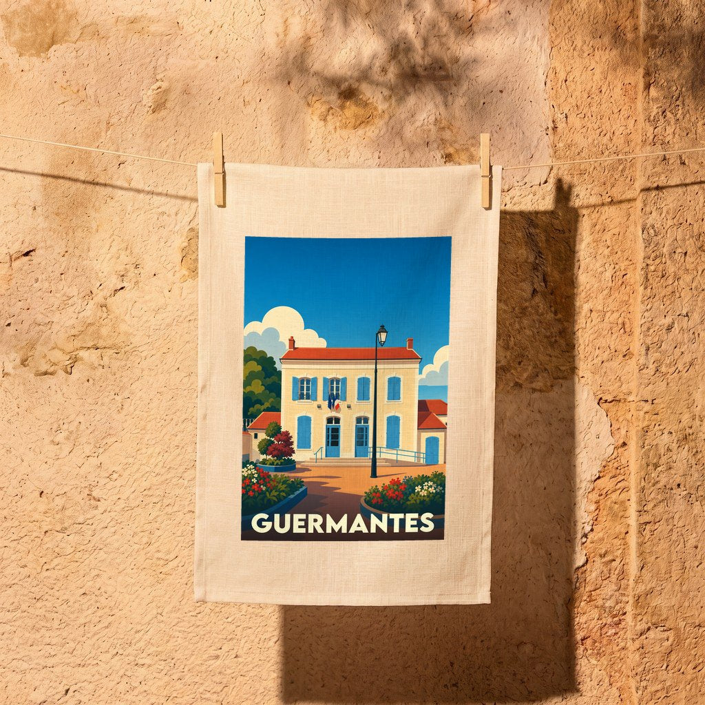 Torchon souvenir de la ville de Guermantes avec une illustration colorée et stylisée de sa mairie.