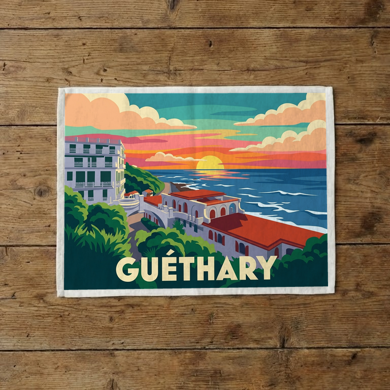 Torchon souvenir de la ville de Guéthary avec une illustration stylisée de son front de mer.