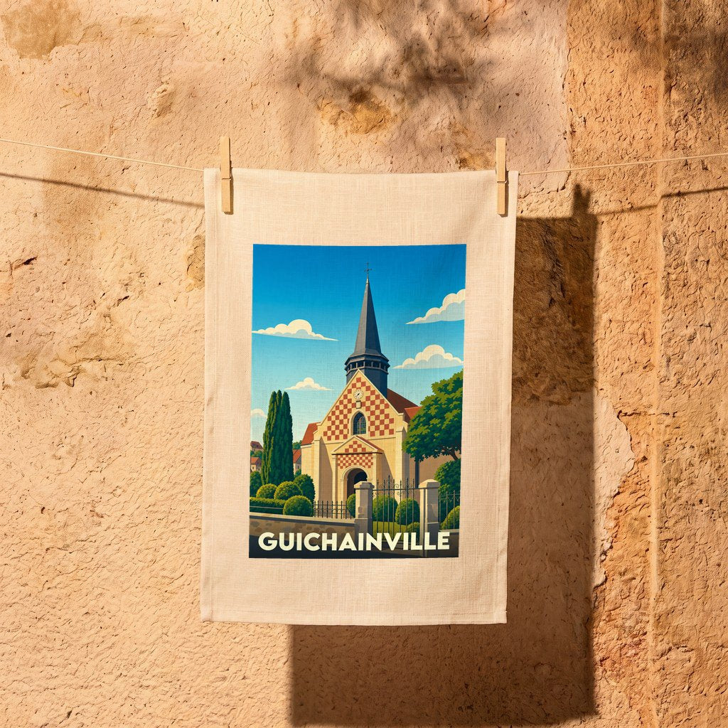 Torchon souvenir de la ville de Guichainville avec une illustration stylisée d'une église.