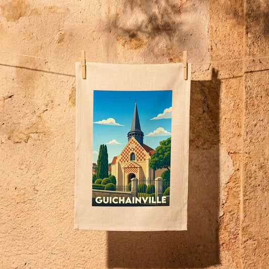 Torchon souvenir de la ville de Guichainville avec une illustration stylisée d'une église.