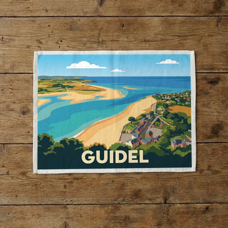 Torchon souvenir de la ville de Guidel avec une illustration stylisée de son paysage côtier.