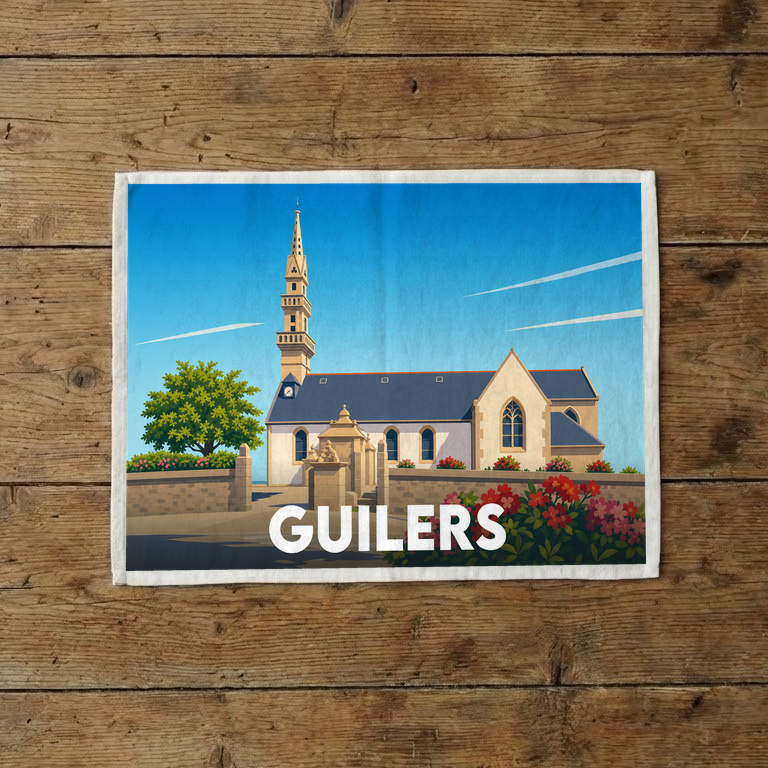 Torchon souvenir de la ville de Guilers avec une illustration stylisée de son église.