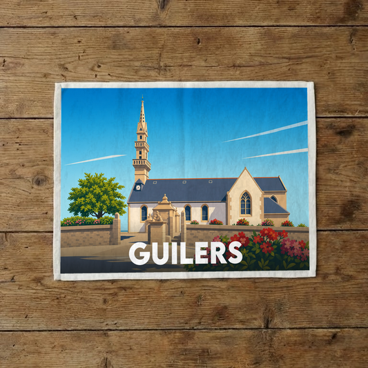 Torchon souvenir de la ville de Guilers avec une illustration stylisée de son église.