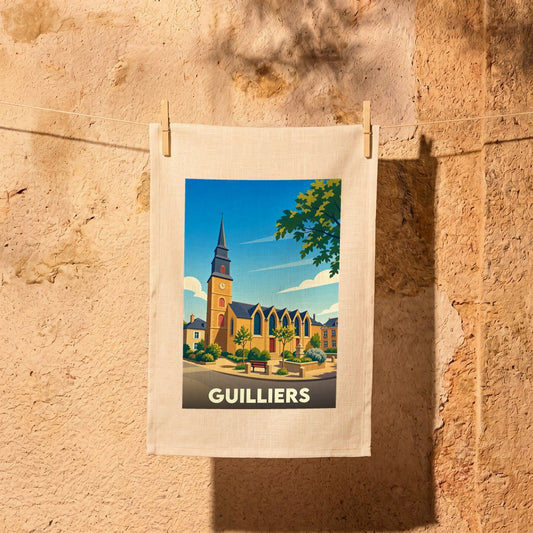 Torchon souvenir de la ville de Guilliers avec une illustration stylisée de son église et de sa place.