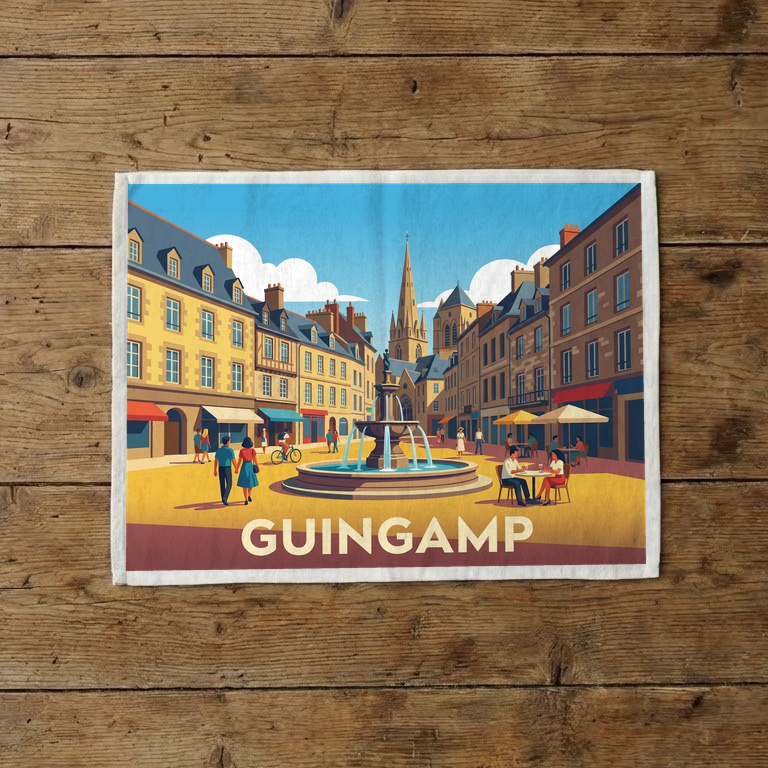 Torchon souvenir de la ville de Guingamp avec une illustration stylisée de son centre historique.