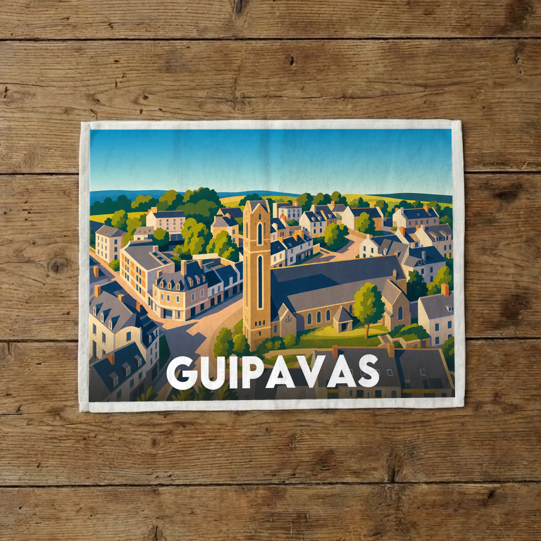 Torchon souvenir de la ville de Guipavas avec une illustration stylisée.