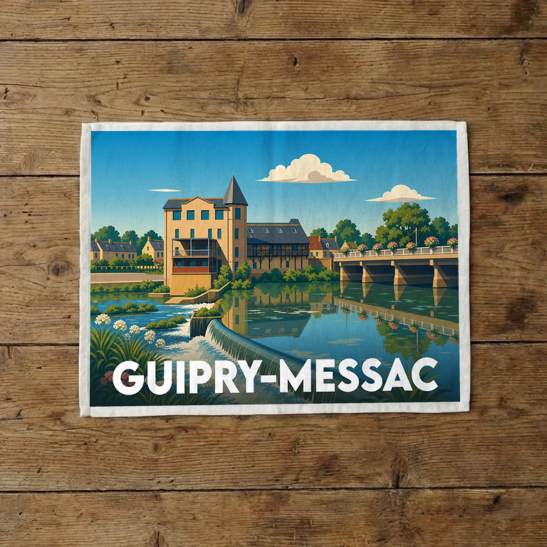 Torchon souvenir de la ville de Guipry-Messac orné d'une illustration stylisée de son moulin et du fleuve.