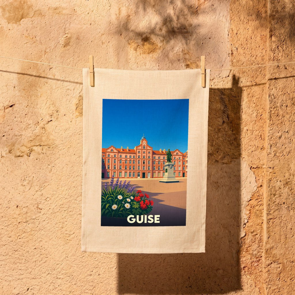 Torchon souvenir de la ville de Guise orné d'une illustration stylisée du Familistère.