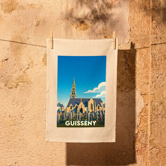 Torchon souvenir de la ville de Guissény avec une illustration stylisée de son église et de son cimetière.