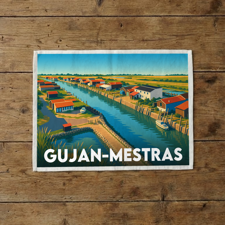 Torchon souvenir de la ville de Gujan-Mestras avec une illustration stylisée de ses cabanes ostréicoles.