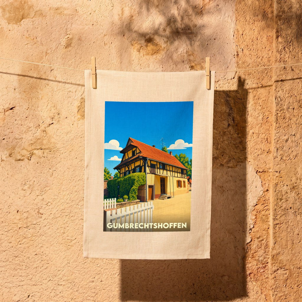 Torchon souvenir de la ville de Gumbrechtshoffen illustré d'une maison alsacienne traditionnelle stylisée.