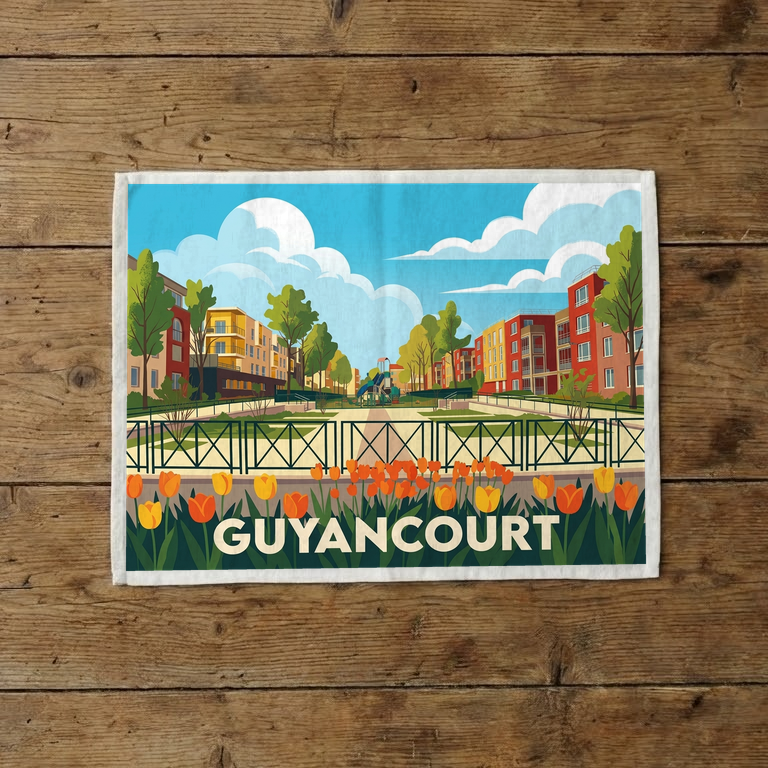 Torchon souvenir de la ville de Guyancourt avec une illustration stylisée et colorée.