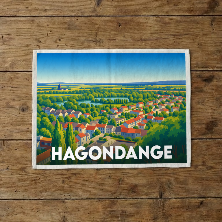 Torchon souvenir de la ville de Hagondange avec une illustration stylisée et colorée de ses paysages.