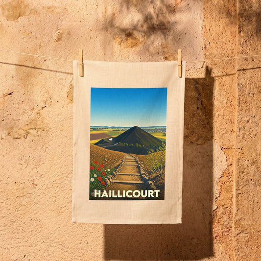 Torchon souvenir de la ville de Haillicourt avec une illustration stylisée d'un terril et de fleurs des champs.