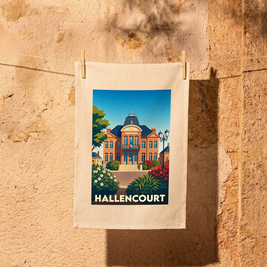 Torchon souvenir de la ville de Hallencourt avec une illustration stylisée de son hôtel de ville.