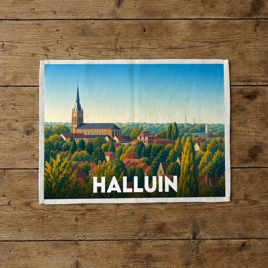 Torchon souvenir de la ville de Halluin avec une illustration stylisée.