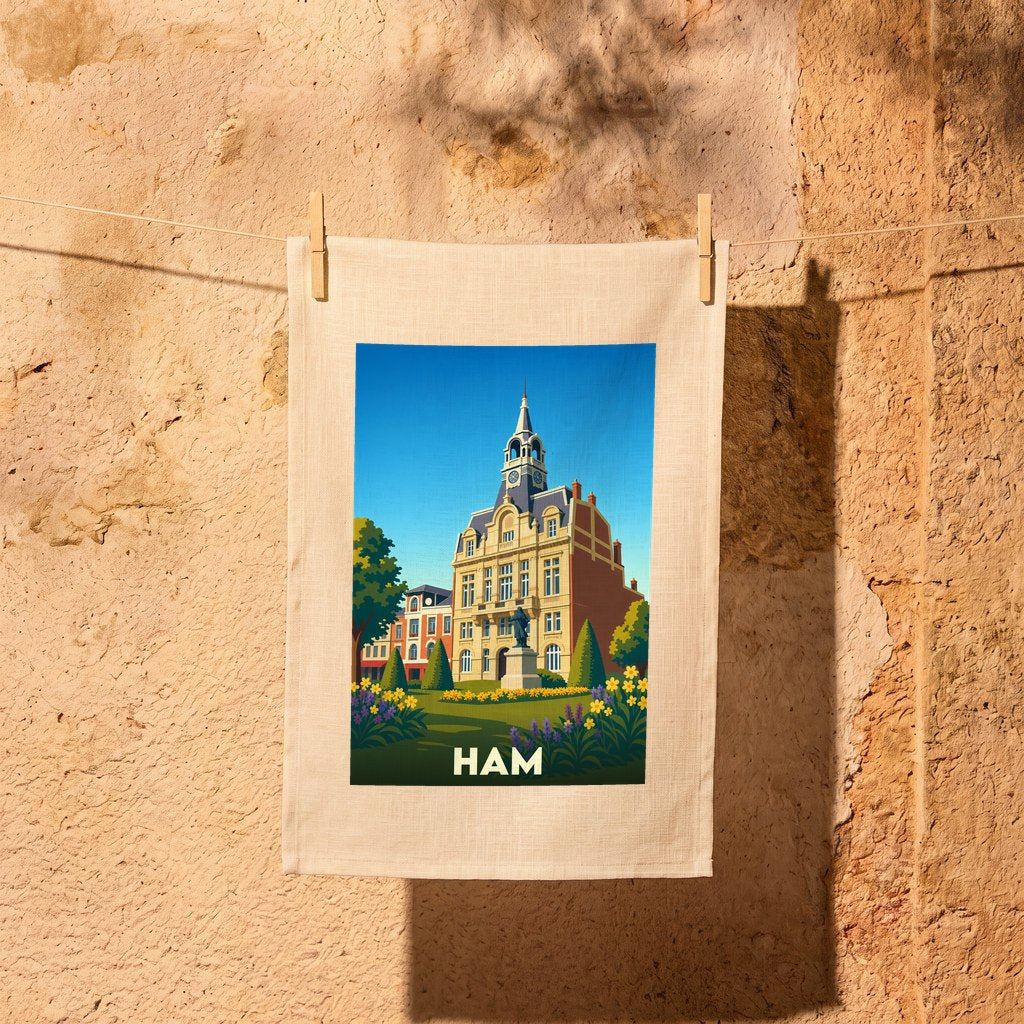 Torchon souvenir de la ville de Ham orné d'une illustration stylisée de son hôtel de ville.