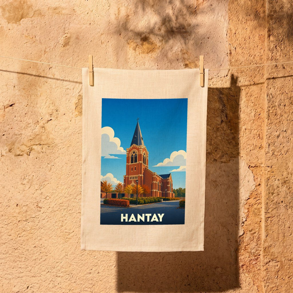 Torchon souvenir de la ville de Hantay avec une illustration stylisée d'une église en briques rouges.