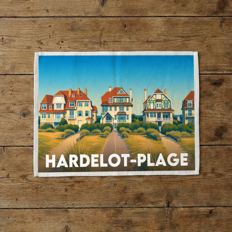 Torchon souvenir de la ville de Hardelot-Plage avec une illustration stylisée de villas côtières.
