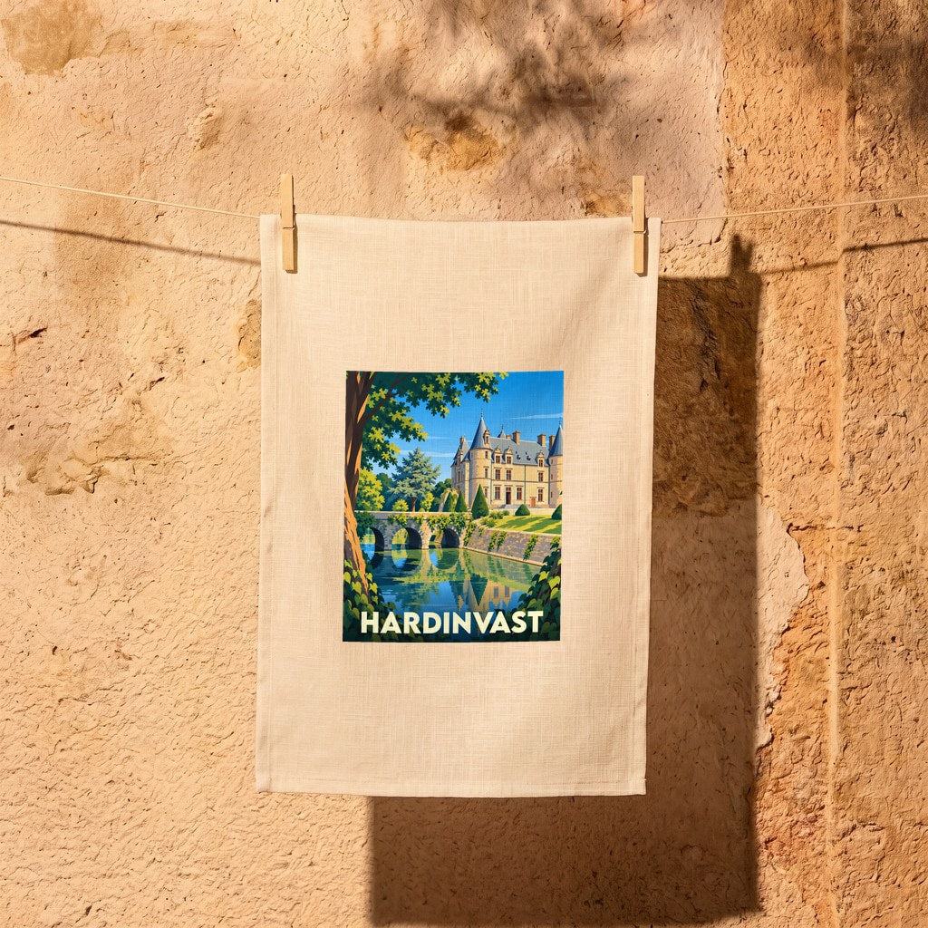 Torchon souvenir de la ville de Hardinvast illustré par un château au bord de l'eau.