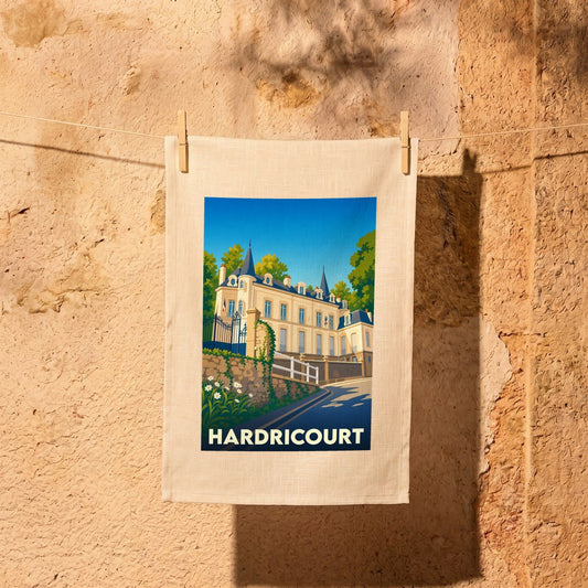Torchon souvenir de la ville de Hardricourt avec une illustration stylisée d'un château.