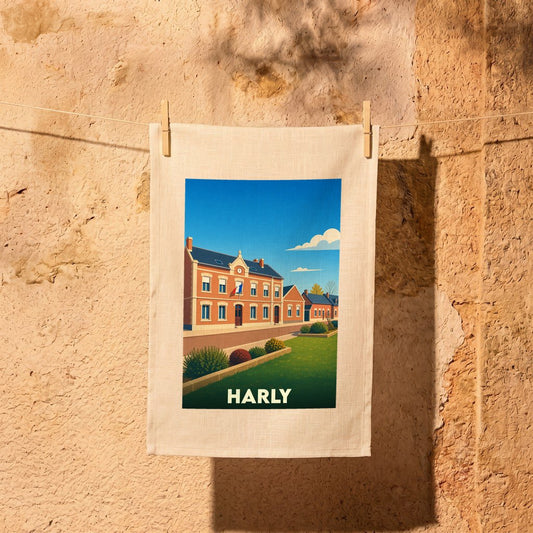 Torchon souvenir de la ville de Harly orné d'une illustration stylisée de sa mairie.