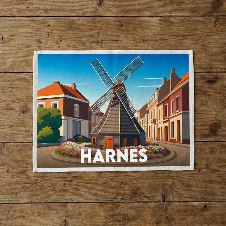 Torchon souvenir de la ville de Harnes illustré d'un moulin stylisé.