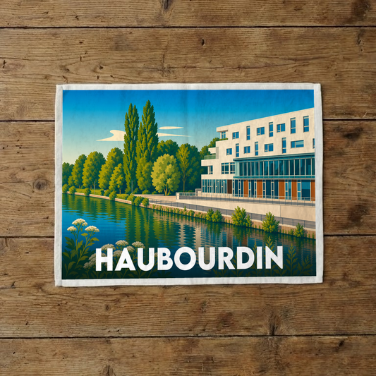Torchon souvenir de la ville de Haubourdin avec une illustration stylisée d'un bâtiment moderne au bord de l'eau.