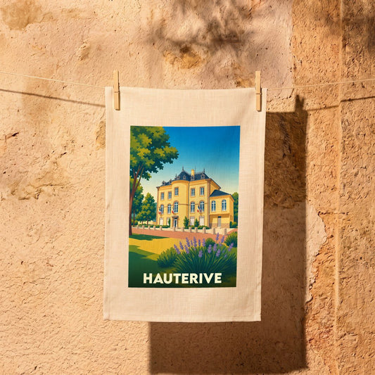 Torchon souvenir de la ville de Hauterive avec une illustration stylisée.