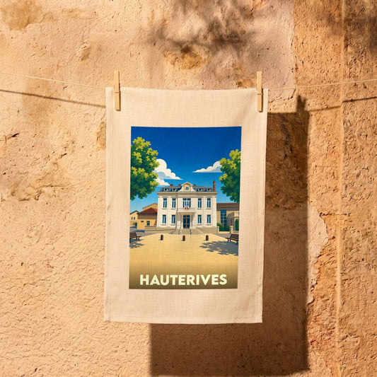 Torchon souvenir de la ville de Hauterives avec une illustration stylisée de son hôtel de ville.