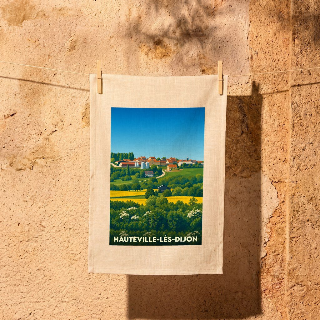 Torchon souvenir de la ville de Hauteville-lès-Dijon avec une illustration stylisée d'un paysage champêtre.