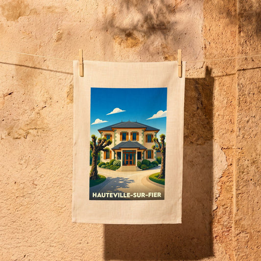 Torchon souvenir de la ville de Hauteville-sur-Fier avec une illustration stylisée d'une maison de maître.
