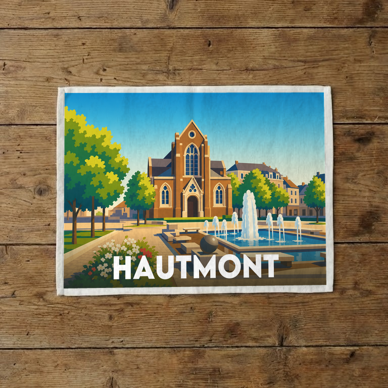 Torchon souvenir de la ville de Hautmont avec une illustration stylisée.