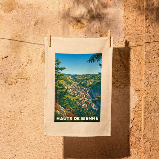 Torchon de cuisine souvenir de la ville de Hauts de Bienne avec une illustration stylisée de la vallée.