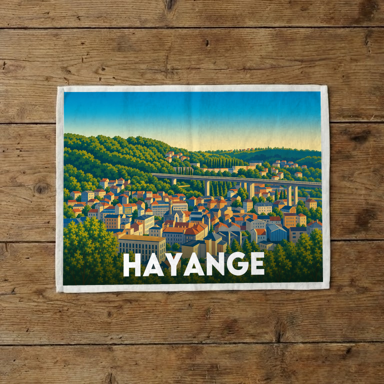 Torchon souvenir de la ville de Hayange avec une illustration stylisée du paysage urbain et de son viaduc.