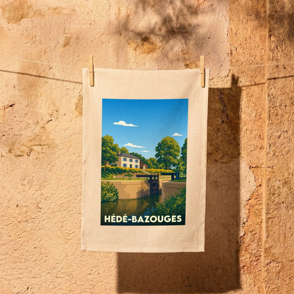 Torchon souvenir de la ville de Hédé-Bazouges avec une illustration stylisée représentant un canal et ses écluses.