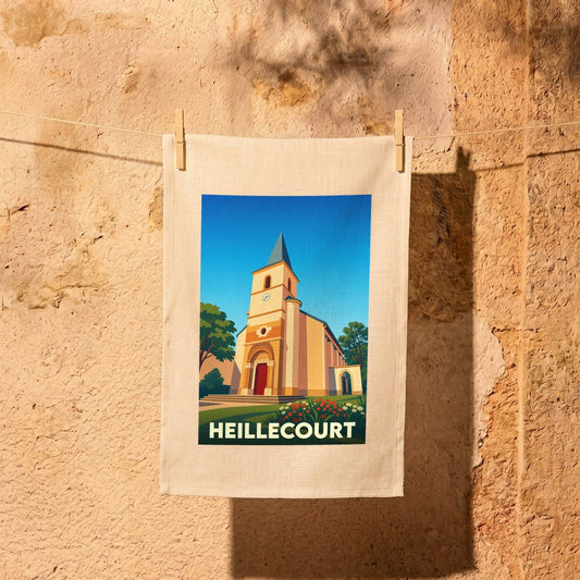 Torchon souvenir de la ville de Heillecourt orné d'une illustration stylisée de son église.