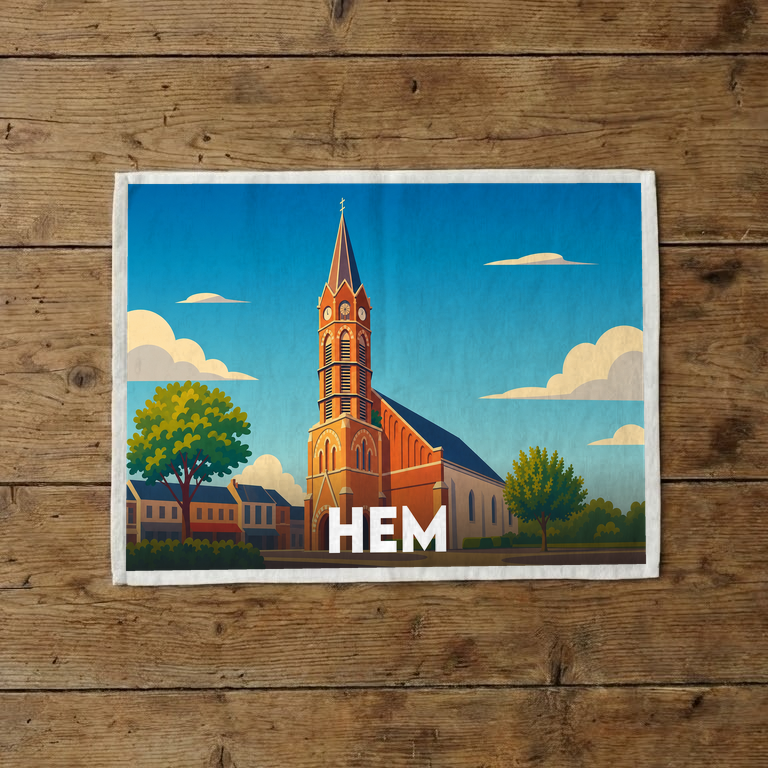 Torchon souvenir de la ville de Hem avec une illustration stylisée de son église.