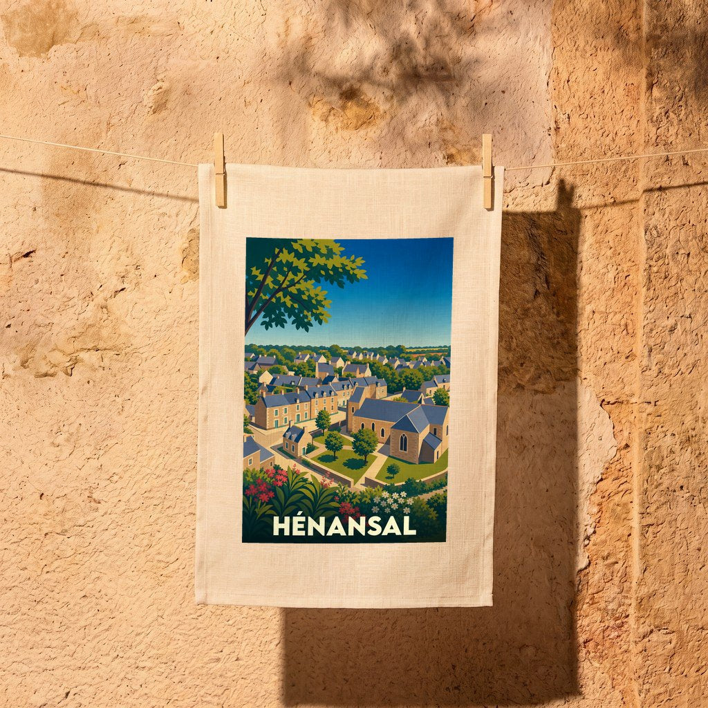 Torchon souvenir de la ville de Hénansal illustré d'une vue panoramique stylisée du village.