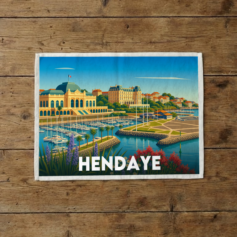 Torchon souvenir de la ville d'Hendaye orné d'une illustration stylisée de son port et de son architecture front de mer.