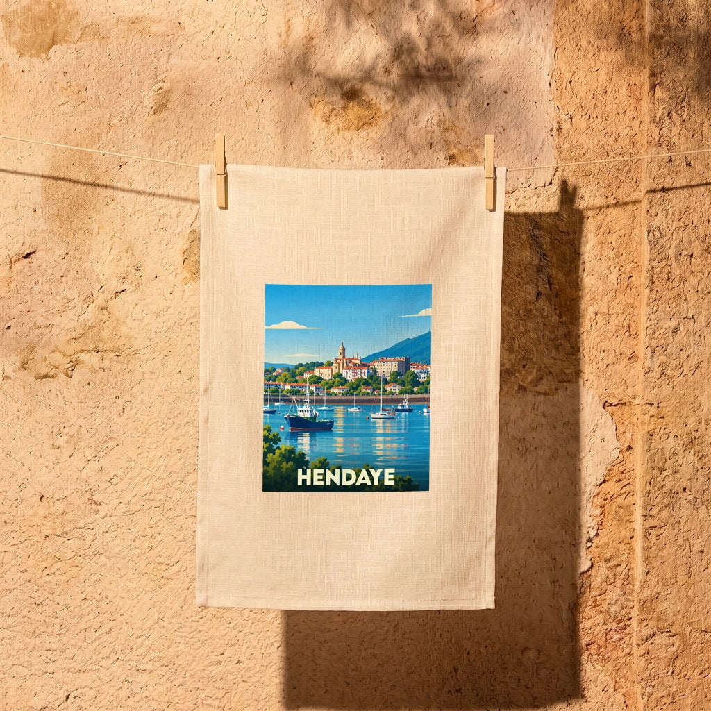 Torchon souvenir de la ville d'Hendaye avec une illustration stylisée de son port et de sa baie.