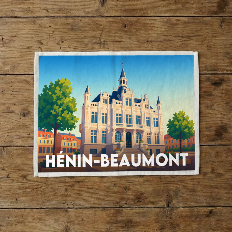 Torchon souvenir de la ville de Hénin-Beaumont avec une illustration stylisée.