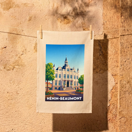 Torchon souvenir de la ville de Hénin-Beaumont avec une illustration stylisée.