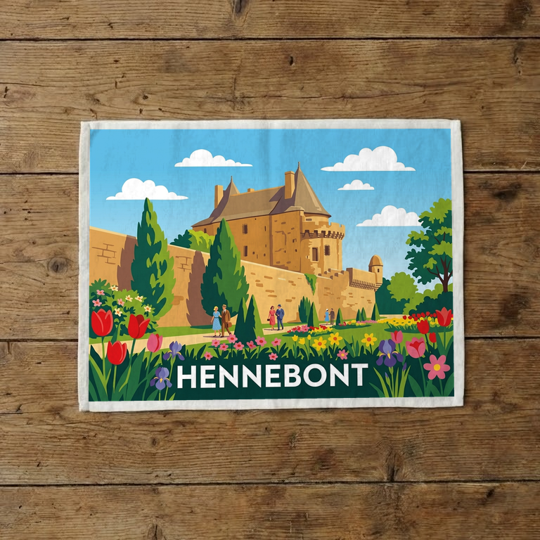 Torchon souvenir de la ville de Hennebont avec une illustration stylisée de son patrimoine et de ses jardins fleuris.