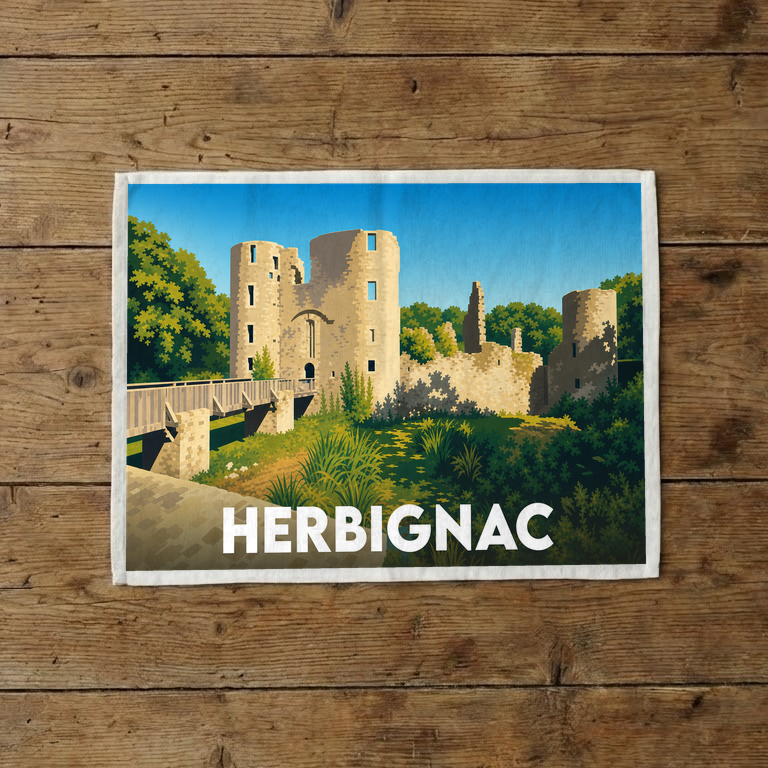 Torchon souvenir de la ville de Herbignac avec une illustration stylisée de son château médiéval.