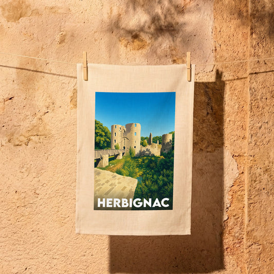 Torchon souvenir de la ville de Herbignac avec une illustration stylisée de son château médiéval.