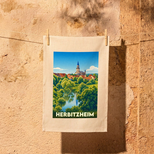 Torchon souvenir de la ville de Herbitzheim avec une illustration stylisée de son paysage et de son église.