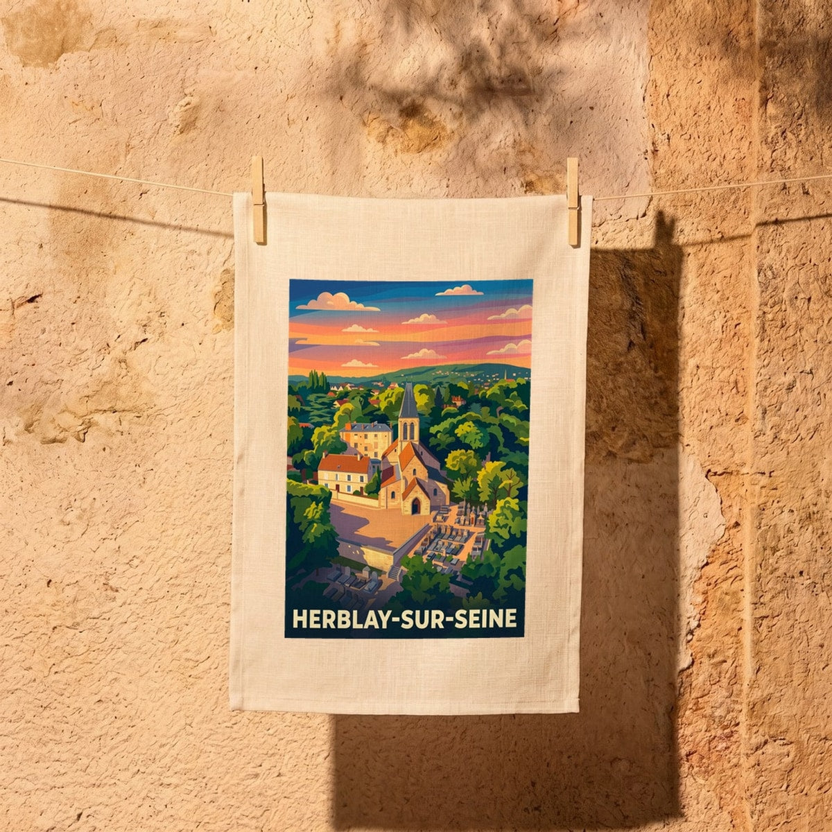 Torchon souvenir de la ville de Herblay-sur-Seine avec une illustration stylisée du village.