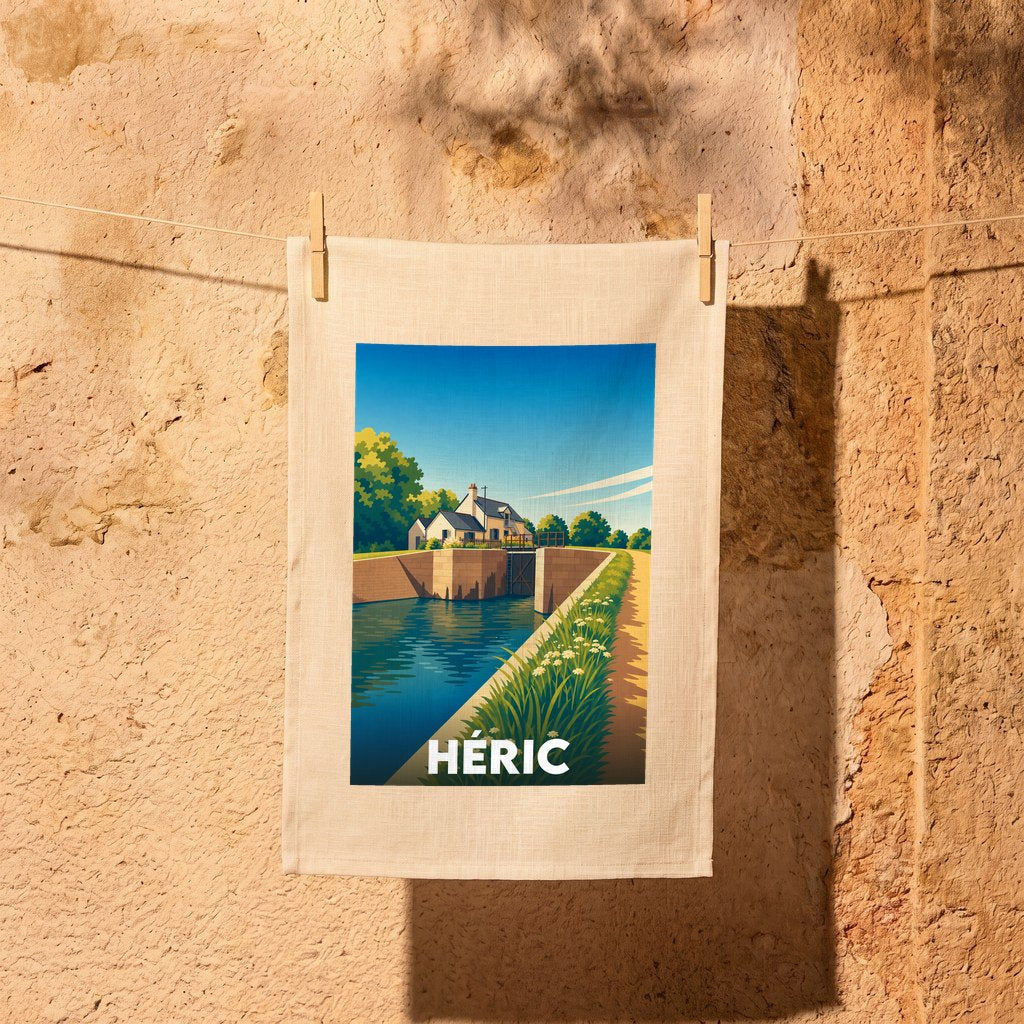 Torchon souvenir de la ville d'Héric illustré d'une scène de canal colorée et stylisée.