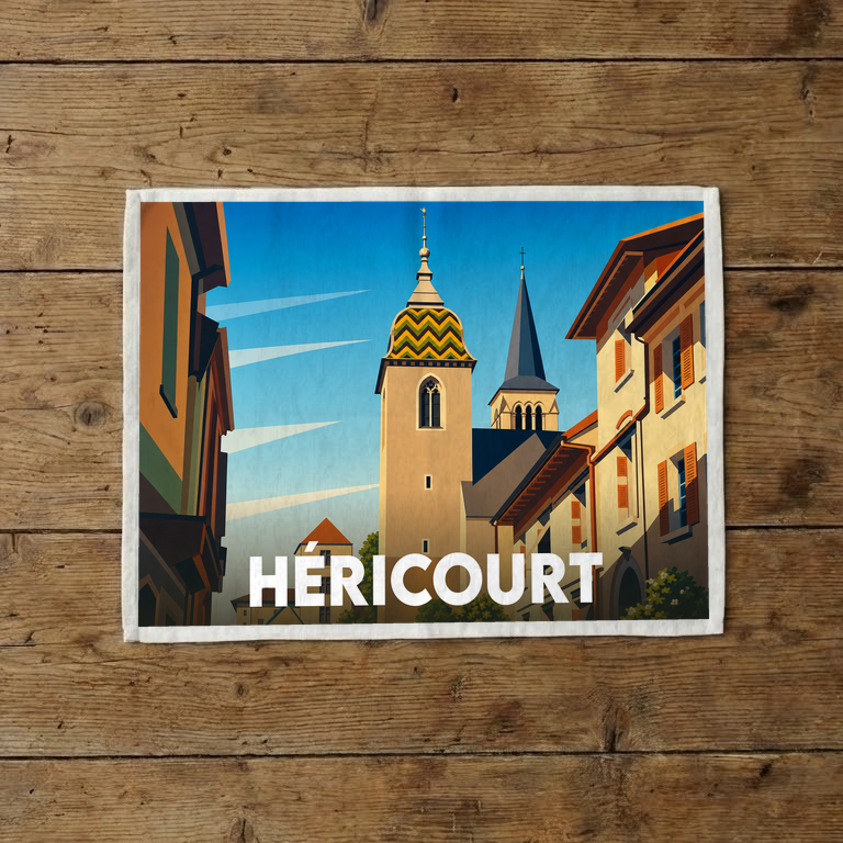 Torchon souvenir de la ville de Héricourt avec une illustration stylisée de son architecture.